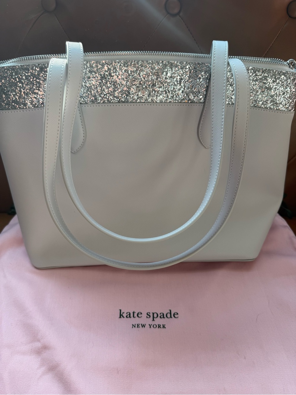 kate spade Light Gray Tote with Silver Glitter Trim